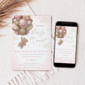 May include: A pink and brown baby shower invitation with a teddy bear holding balloons. The invitation says "We can bearly wait! Baby Elena is on the way!" and includes the date, time, and location of the shower.