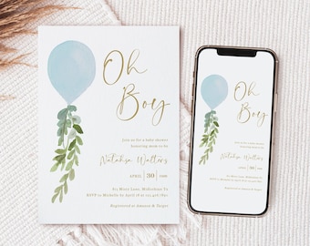 Editable Oh Boy Baby Shower Invitation, Blue Balloon Theme (Instant Download) - Milo