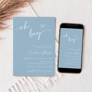 Editable Boy Baby Shower Invitation, Oh Boy Baby Shower Invite, Minimalist Baby Shower Invitation, Editable Instant Download - Asher