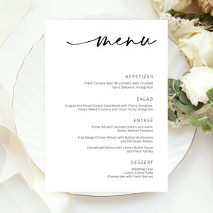 Sjabloon bruiloftsmenu, minimalistische bruiloftsmenukaart, elegant script trouwmenu afdrukbaar, 5 x 7 en 4 x 9, bewerkbare direct downloaden - Myla