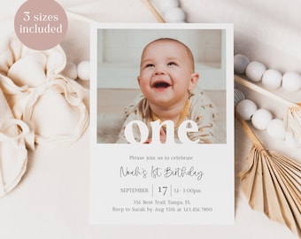Editable 1st Birthday Photo Invitation, Minimal First Birthday Invite Template, Boy First Birthday Invitation, Instant Download - Remi