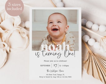 Editable 1st Birthday Photo Invitation, Minimal First Birthday Invite Template, Boy First Birthday Invitation, Instant Download - Remi