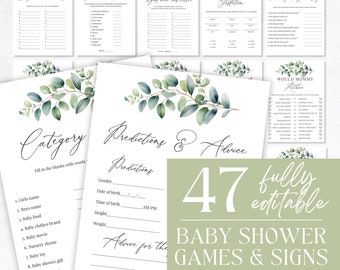 Editable Eucalyptus Baby Shower Game Bundle, Greenery Baby Shower Games, Baby Shower Games Pack, Baby Trivia, Instant Download - Arden