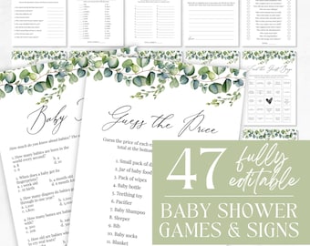 Editable Eucalyptus Baby Shower Game Bundle, Greenery Baby Shower Games, Baby Shower Games Pack, Baby Trivia, Instant Download - Arden