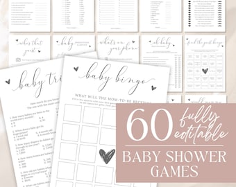 Baby Shower Game Bundle, Minimalist Baby Shower Games, Modern Baby Shower Games Pack, 60 Games, Fully Editable Download - Emelia
