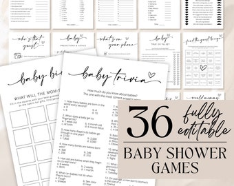 Baby Shower Game Bundle, Minimalist Baby Shower Games, Modern Baby Shower Games Pack, Baby Shower Trivia, Fully Editable Download - Myla