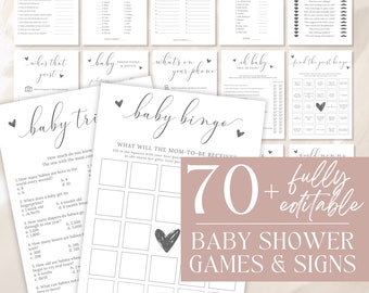 Paquete de juegos de baby shower, juegos minimalistas de baby shower, paquete de juegos modernos de baby shower, letreros de baby shower, descarga totalmente editable - Emelia