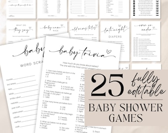 Paquete de juegos para baby shower, juegos minimalistas, juegos modernos, trivias para baby shower, descarga totalmente editable - Myla