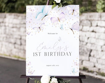 Editable Butterfly First Birthday Welcome Sign, Purple Butterfly Birthday Welcome Poster, Girl Butterfly Party Sign Instant Download - Marli