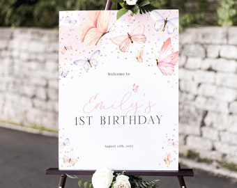 Editable Butterfly First Birthday Welcome Sign, Pink Butterfly Birthday Welcome Poster, Girl Butterfly Party Sign, Instant Download - Bella