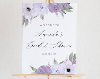 Purple Bridal Shower Welcome Sign, Bridal Shower Welcome Poster, Elegant Lavender Floral, Printable Instant Download - Lillian