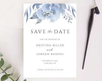 Alya - Dusty Blue Save the Date Template, Elegant Floral Save the Date Cards, Wedding Announcement, Editable Instant Download