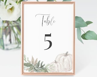 Whitley - Pumpkin Table Number Template, Pumpkin Greenery Wedding Table Number Card, 5x7 and 4x6, Editable Template, Instant Download