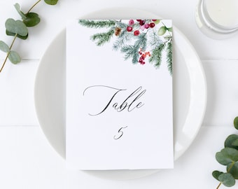 Noella - Winter Pine Wedding Table Number Template, Christmas Table Number Card, 5x7 and 4x6, Editable Template, Instant Download