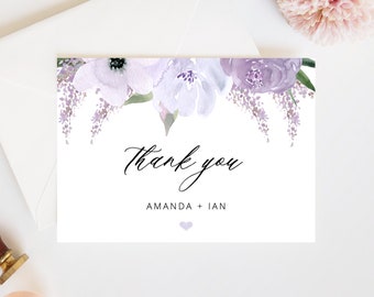 Elegant Lavender Wedding Thank You Cards, Purple Floral Printable Cards, Personalized Thank You Cards, Editable Instant Download - Lillian