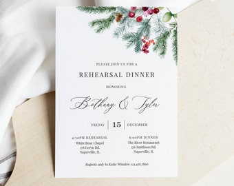 Noella - Rehearsal Dinner Invitation Template, Elegant Winter Pine, Modern Christmas Invite, Editable Invitation, Instant Download