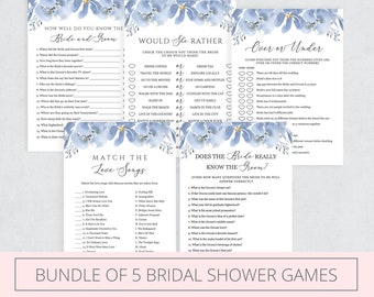 Bridal Shower Games Bundle, Dusty Blue Floral Bridal Shower Games Printable, Bundle of 5, Editable Template Instant Download - Alya