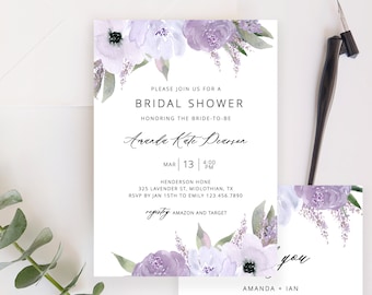 Bridal Shower Invitation Template, Lavender Bridal Shower Invite, Purple Floral, Thank You Included, Editable Instant Download - Lillian