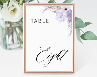 Wedding Table Number Template, Floral Lavender Table Number Card, 5x7 and 4x6, Editable Template, Instant Download - Lillian