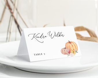 Penelope - Pumpkin Wedding Place Card Template, Fall Floral Thanksgiving Name Card, Printable Place Card, 100% Editable, Instant Download