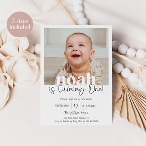 Editable 1st Birthday Photo Invitation, Minimal First Birthday Invite Template, Boy First Birthday Invitation, Instant Download - Remi