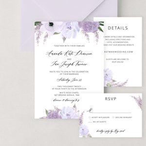 Lavender Wedding Invitation Template Download, Lilac Wedding Invitation Set, Purple Floral Wedding Suite Editable Instant Download - Lillian