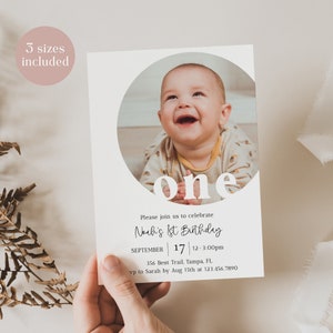 Invito fotografico modificabile per il primo compleanno, modello di invito per il primo compleanno minimalista, invito per il primo compleanno di un bambino, download immediato - Remi