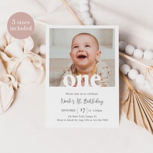 Editable 1st Birthday Photo Invitation, Minimal First Birthday Invite Template, Boy First Birthday Invitation, Instant Download - Remi