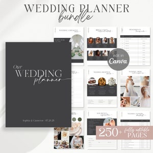Paquete de más de 250 páginas de plantillas de planificador de bodas en Canva, libro de planificación de bodas editable, carpeta con lista de verificación para bodas, planificador de bodas imprimible - Rylie