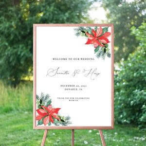 Clarice - Poinsettia Wedding Welcome Sign, Welcome to our Wedding Sign, Winter Christmas Pine, Printable Template Instant Download