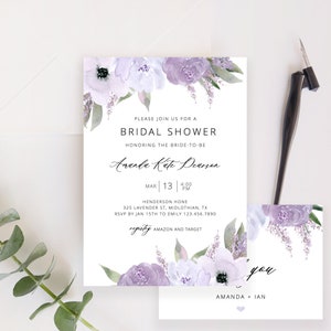 Modèle d'invitation nuptiale de douche, invitation de douche nuptiale lavande, floral violet, merci inclus, téléchargement immédiat modifiable - Lillian