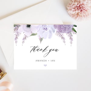 Elegante Lavendel Hochzeit Dankeskarten, Lila Blumen druckbare Karten, personalisierte Dankeskarten, bearbeitbare Sofortdownload - Lillian