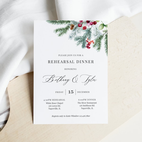 Noella - Rehearsal Dinner Invitation Template, Elegant Winter Pine, Modern Christmas Invite, Editable Invitation, Instant Download