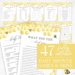May include: A set of 47 printable baby shower games and signs featuring a yellow honeycomb pattern with bees. The games include "Guess the Price", "Guess Who", "What Did the Dad Say", "Baby Trivia", "Nursery Rhyme", "Baby Animal Match Up", and "What Baby Item Goes With the Letter".