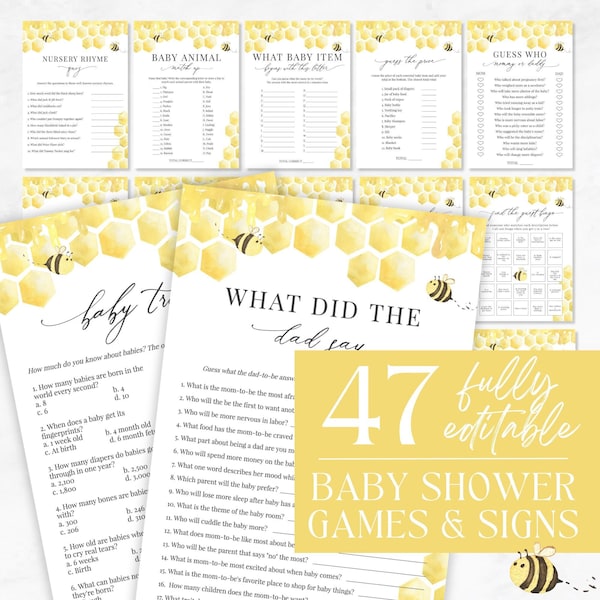 Edytowalny pakiet gier na baby shower z motywem pszczół, gry na baby shower z motywem pszczół, pakiet gier na baby shower z motywem miodu, ciekawostki o dzieciach, natychmiastowe pobranie – Bailee