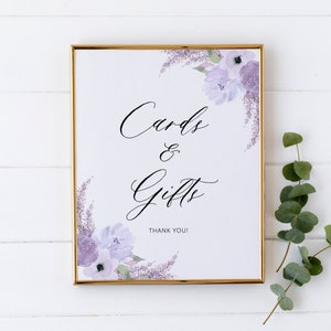 Cards and Gifts Sign Template, Lavender Bridal Shower Gift Sign, Purple Floral Gift Table Sign, Editable Instant Download Lillian image 1