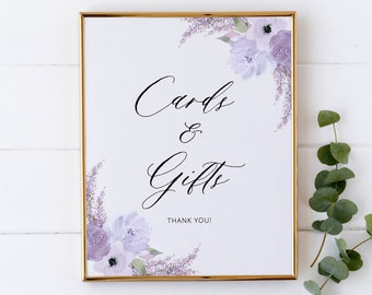 Cards and Gifts Sign Template, Lavender Bridal Shower Gift Sign, Purple Floral Gift Table Sign, Editable Instant Download - Lillian