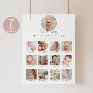 Meilenstein zum Geburtstag Poster Vorlage, bearbeitbare Fotocollage zum ersten Geburtstag, Meilensteinzeichen für das erste Jahr des Babys, Sofort-Download - Remi