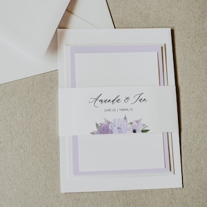 Descarga de plantilla de banda para el vientre lavanda, Envoltura de invitación de boda púrpura lila, Banda para el vientre floral, Descarga instantánea editable - Lillian