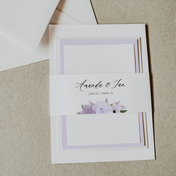 Lavender Belly Band Template Download, Lilac Purple Wedding Invitation Wrap, Floral Belly Band, Editable Instant Download - Lillian