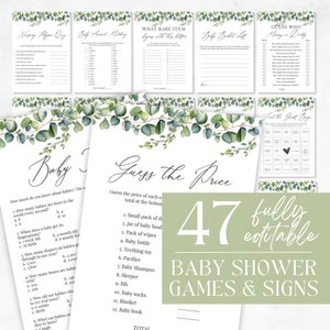Editable Eucalyptus Baby Shower Game Bundle, Greenery Baby Shower Games, Baby Shower Games Pack, Baby Trivia, Instant Download - Arden