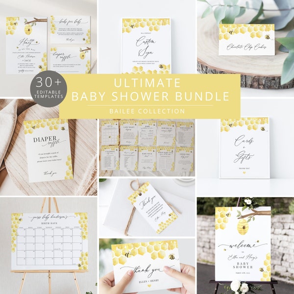 Bee Baby Shower Template Bundle, Honeycomb Baby Shower Kit, Sweet Little Honey Baby Shower Invitation Bundle, Editable Download - Bailee