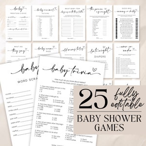Lot de jeux de baby shower, jeux de baby shower minimalistes, pack de jeux de baby shower modernes, anecdotes sur la baby shower, téléchargement entièrement modifiable - Myla