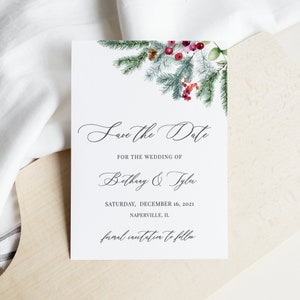 Noella - Winter Pine Save the Date Template, Elegant Holiday Save the Date Cards, Wedding Announcement, 100% Editable Text, Digital Download