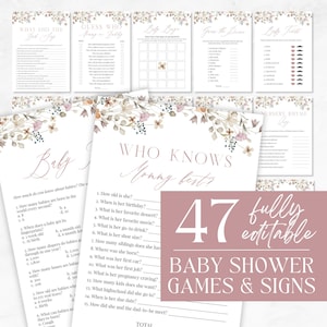 Editable Wildflower Baby Shower Game Bundle, Floral Baby Shower Games, Girl Baby Shower Games Pack, Baby in Bloom, Instant Download - Mia
