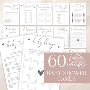 Baby Shower Game Bundle, Minimalist Baby Shower Games, Modern Baby Shower Games Pack, 60 Games, Fully Editable Download - Emelia