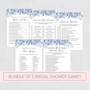 Bridal Shower Games Bundle, Dusty Blue Floral Bridal Shower Games Printable, Bundle of 5, Editable Template Instant Download - Alya