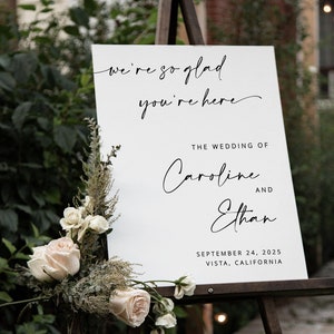 Signo de bienvenida de boda moderno, signo de bienvenida de boda minimalista, estamos muy contentos de que esté aquí, cartel de bienvenida, plantilla editable - Myla