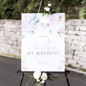 Cartello di benvenuto modificabile per il primo compleanno della farfalla, poster di benvenuto per il compleanno della farfalla viola, download istantaneo del biglietto per festa ragazza farfalla, Marli