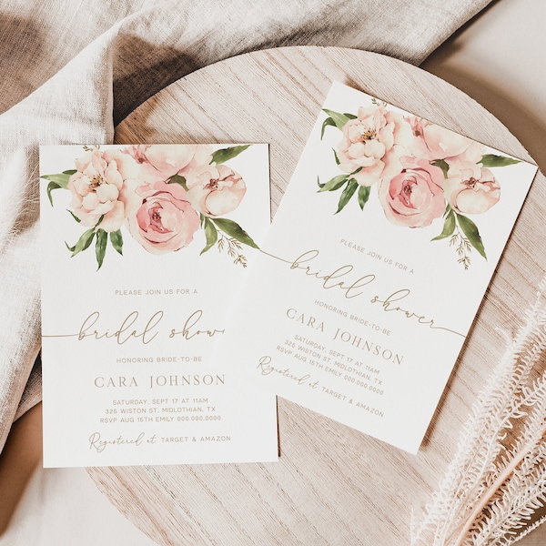 Floral Bridal Shower Invitation, Boho Peony Bridal Shower Invite, Blush Pink Bridal Shower, Editable Template Instant Download - Paige